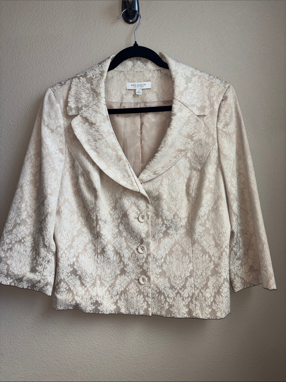 Ann Taylor Floral Jacquard Brocade Blazer Cream Beige Size 12
